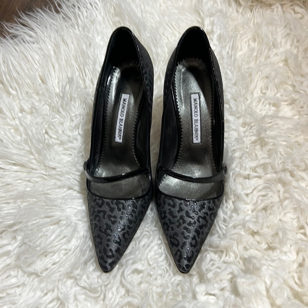 🌟Manolo Blahnik Black Gray Leopard Pointed Toe Heel Size 40